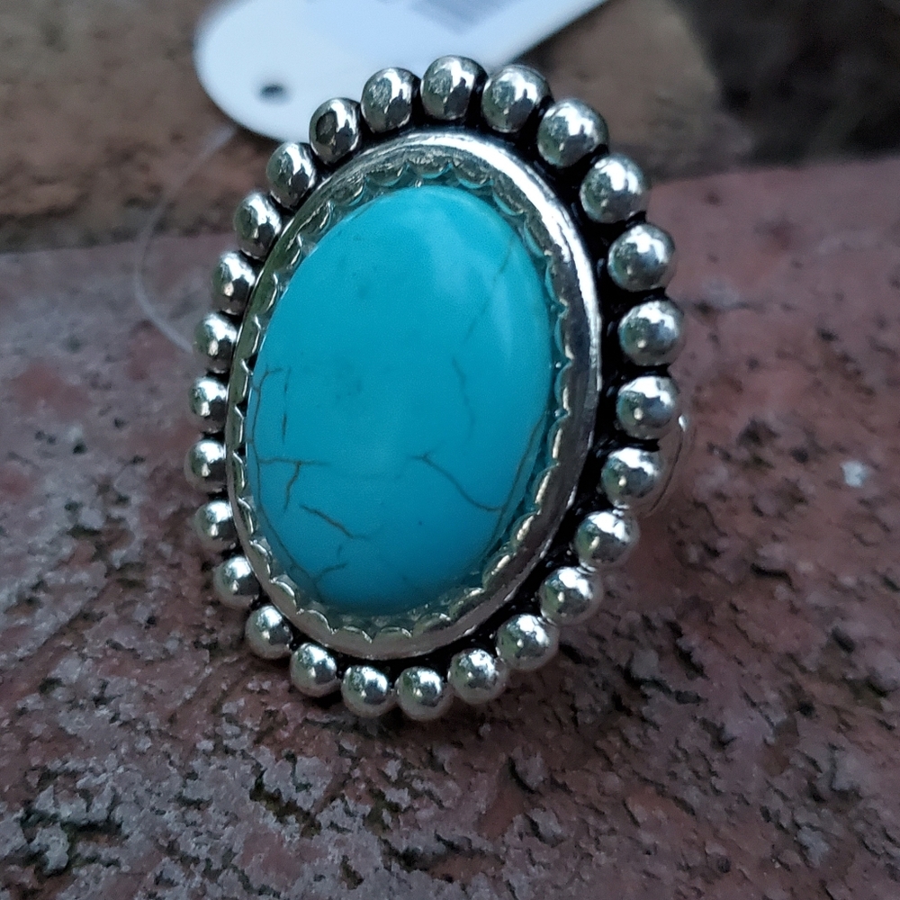 Free Spirit Boho Native South Western People Faux Turquoise Oval Beaded Ring nwt - Picture 14 of 15